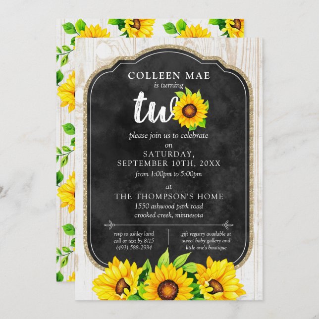 Invitation 2e anniversaire Sunflower & Rustic Wood Country Fa (Devant / Derrière)