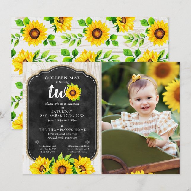 Invitation 2e anniversaire Tournesol & Bois rustique Photo du (Devant / Derrière)