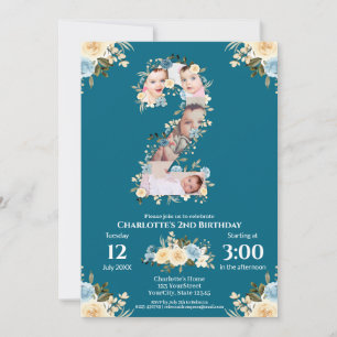Invitation 2e anniversaire Turquoise Fleur photo Collage bleu