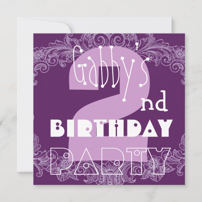 Invitation 2e anniversaire, une petite fille rose et violette (Devant)