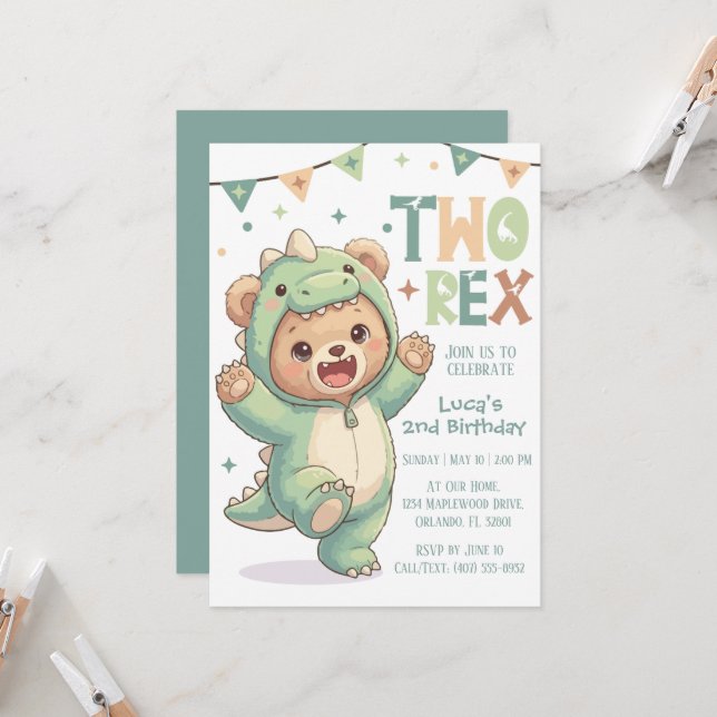 Invitation 2e fête d'anniversaire Dino | Joli dinosaure en fo (Devant/Arrière en situation)