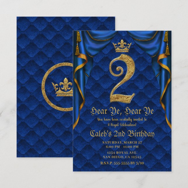 Invitation 2ÈME 2 DEUX Fête d'anniversaire Couronne Royale Bl (Devant / Derrière)