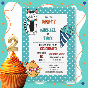 Invitation 2ème anniversaire Cartoon de chat Cute Kitten Kids