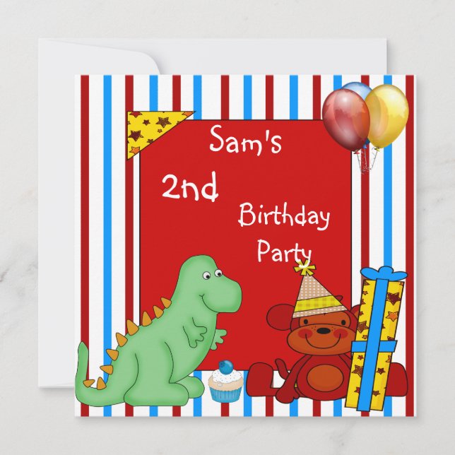 Invitation 2ème Anniversaire Cupcake Ballon Rayure Rouge Dino (Devant)