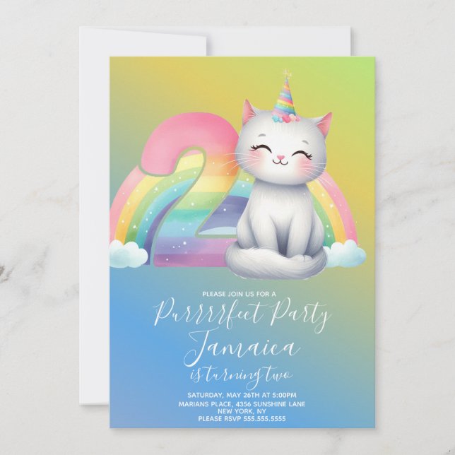 Invitation 2ème anniversaire Kitten Rainbow Party (Devant)