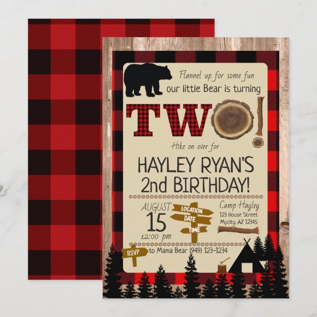 Invitation 2ème anniversaire Wild One Flannel Little Bear Thè (Devant / Derrière)