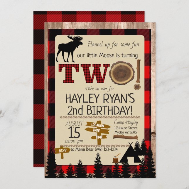 Invitation 2ème anniversaire Wild One Flannel Little Moose Th (Devant / Derrière)