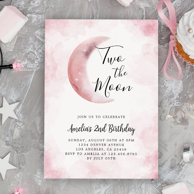 Invitation 2ème Deux La Lune Fille Anniversaire Pink (2nd Two The Moon Girl Birthday Party Pink Invitation
)