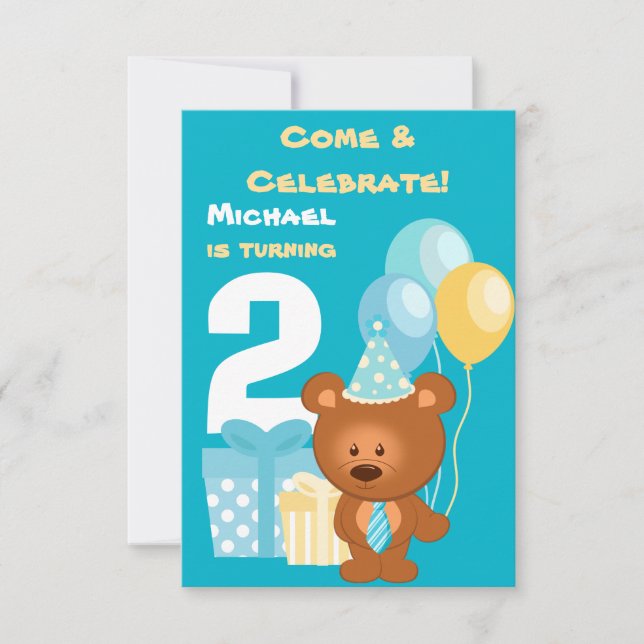 Invitation 2ème fête d'anniversaire d'ours et de ballons (Devant)