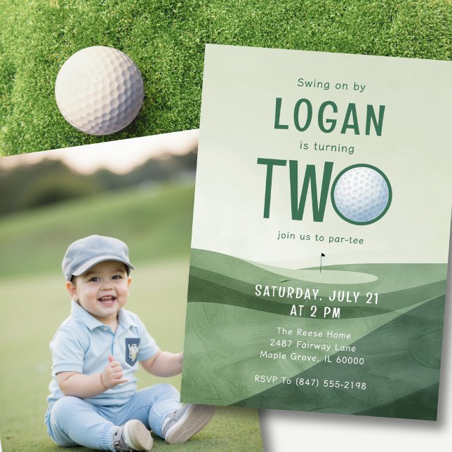 Invitation 2nd Birthday Golf Par-tee Photo Watercolor  (Add your favorite photo on the back for a personal, memorable birthday touch.)