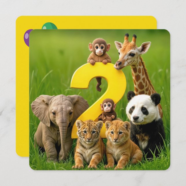 Invitation 2nd Birthday Party Wildlife Animal Babies (Devant / Derrière)