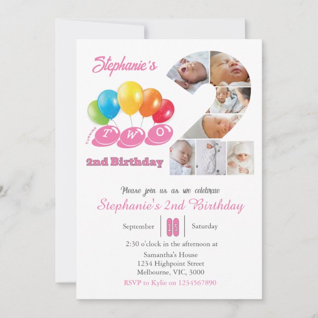 Invitation 2nd birthday photo collage number 2 Girl (Devant)