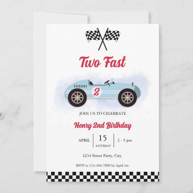 Invitation 2nd Birthday Too Fast, Vintage Race (Devant)