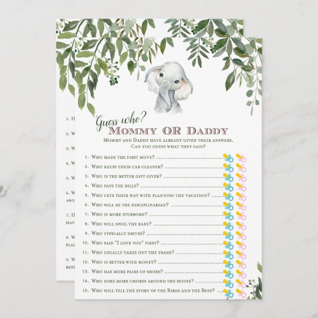 Invitation 2x Jeux Eléphant Baby shower 5x7" Taille (Devant / Derrière)