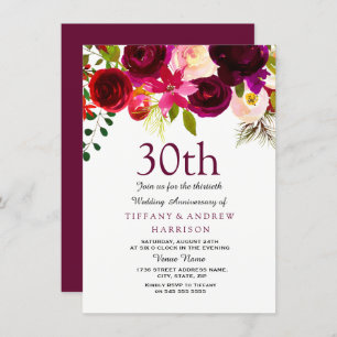 Invitation 30 ans de mariage Fleurs bordeaux