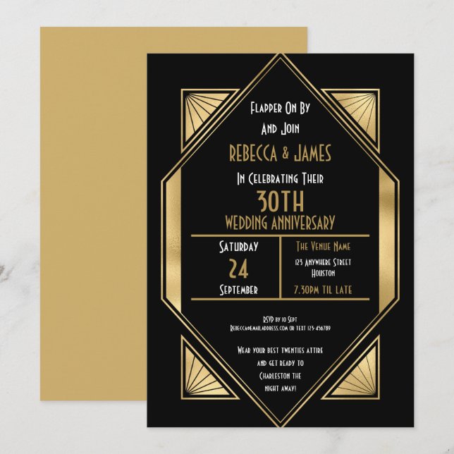 Invitation 30 ans de mariage noces de perle Art déco (Devant / Derrière)