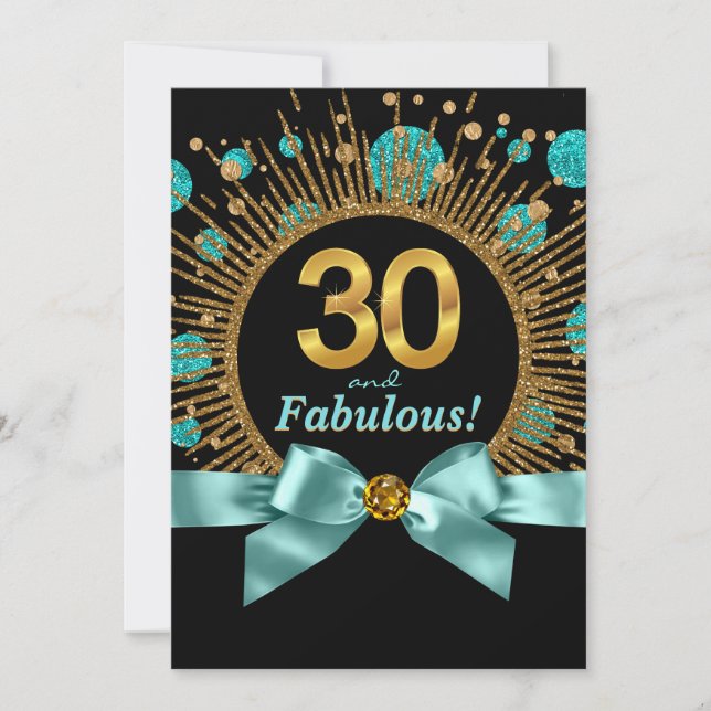 Invitation 30 ans femme bleu sarcelle et doré pail (Devant)
