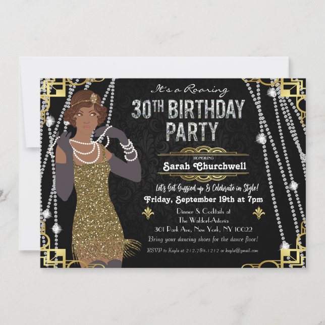 Invitation 30 ans fille flapper afro-américaine   (Devant)