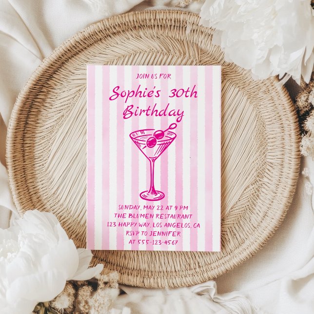Invitation 30 ans Martini rayé rose - Adulte chic  (Créateur téléchargé)