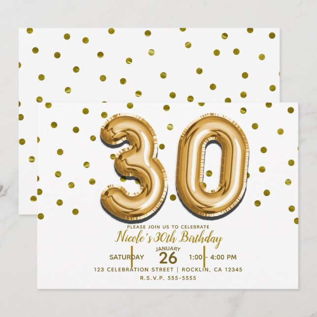 Invitation 30 Ballons Dorés & Confettis Fête d'anniversaire 3 (Devant / Derrière)