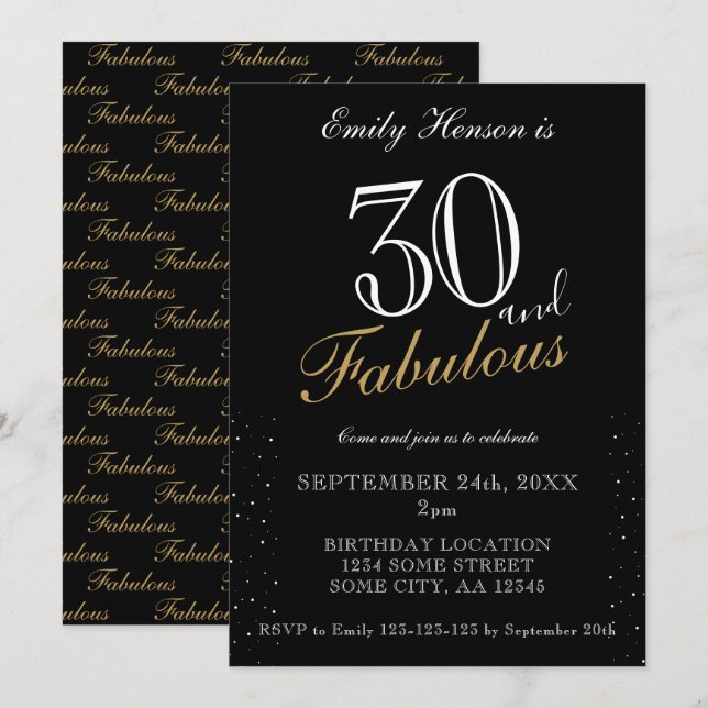 Invitation 30 et fabuleux noir élégant script Anniversaire (Devant / Derrière)