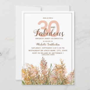 Invitation 30 Fabuleuses herbes de Pampas à Anniversaire Blan