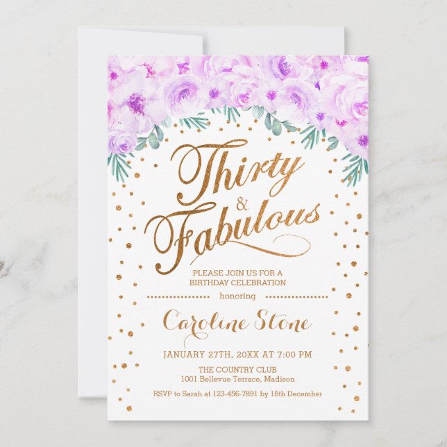Invitation 30 Fabuleux fête d'anniversaire - Blanc or violet (Devant)