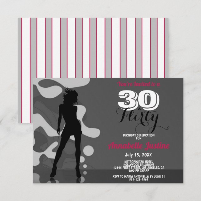 Invitation 30 & FLIRTY Moderne 30e Anniversaire Hot Pink élég (Devant / Derrière)