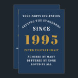 Invitation 30e anniversaire 1995 Blue Gold Personnalisé Pour<br><div class="desc">Pour ceux qui sont nés en 1995 et fêtent leur 30ème anniversaire, nous avons la carte d'invitation idéale. L'arrière - plan bleue au design blanc et or est simple et élégante. Customisez facilement le texte à l'avant et à l'arrière de cette carte d'invitation d'anniversaire en utilisant le modèle fourni. Une...</div>