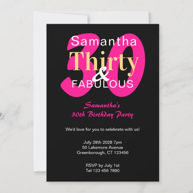 Invitation 30e Anniversaire 30 et Fabuleux Rose Chaud Noir Pa (Devant)