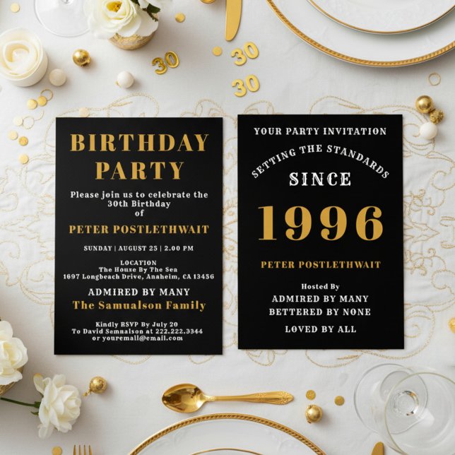 Invitation 30e anniversaire Ajouter un nom 1996 Noir Or Pour  (1996 birthday invitation. White background.)