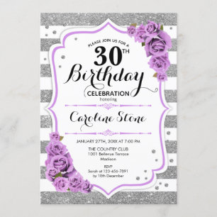 Invitation 30e anniversaire - Argent blanc rayures Roses viol
