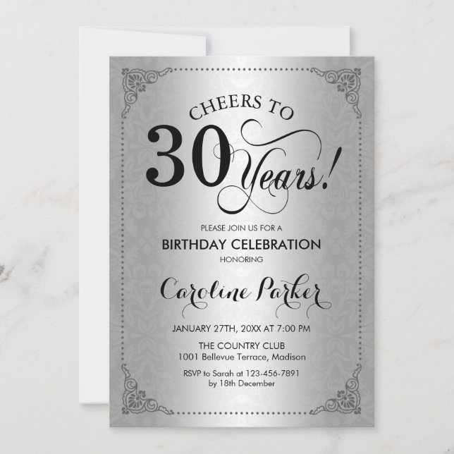 Invitation 30e anniversaire - Argent Damask (Devant)