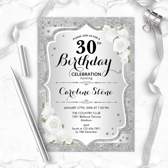 Invitation 30e anniversaire - Argent rayures Roses blanches (Créateur téléchargé)