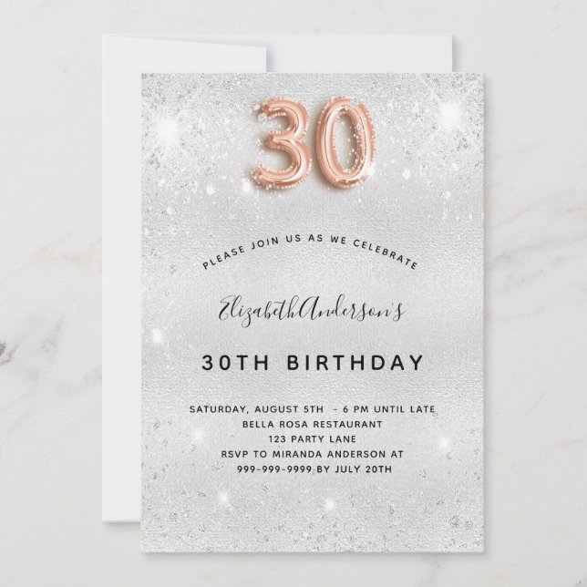 Invitation 30e anniversaire argent rose or parties scintillan (Devant)