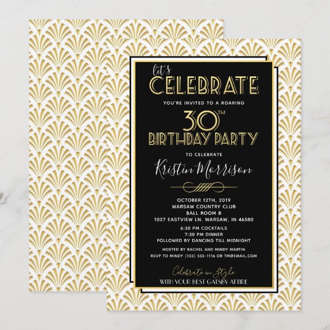 Invitation 30e anniversaire Art Déco Gatsby Roaring 20s Anniv (Devant / Derrière)