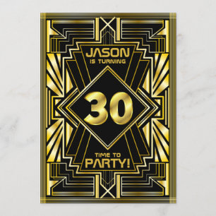 Invitation 30e anniversaire Art Déco Gold Black Great Gatsby