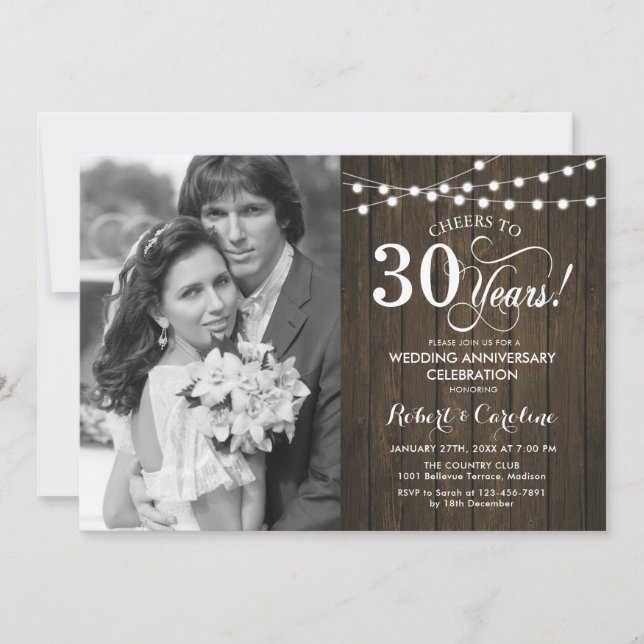 Invitation 30e anniversaire avec photo - Bois rustique (Devant)