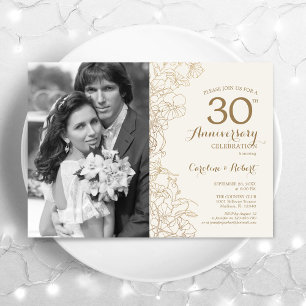 Invitation 30e anniversaire avec photo - Floral d'or ivoire