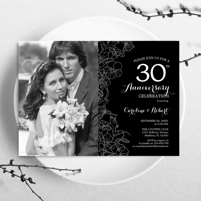 Invitation 30e anniversaire avec photo - Floral noir et blanc (Créateur téléchargé)
