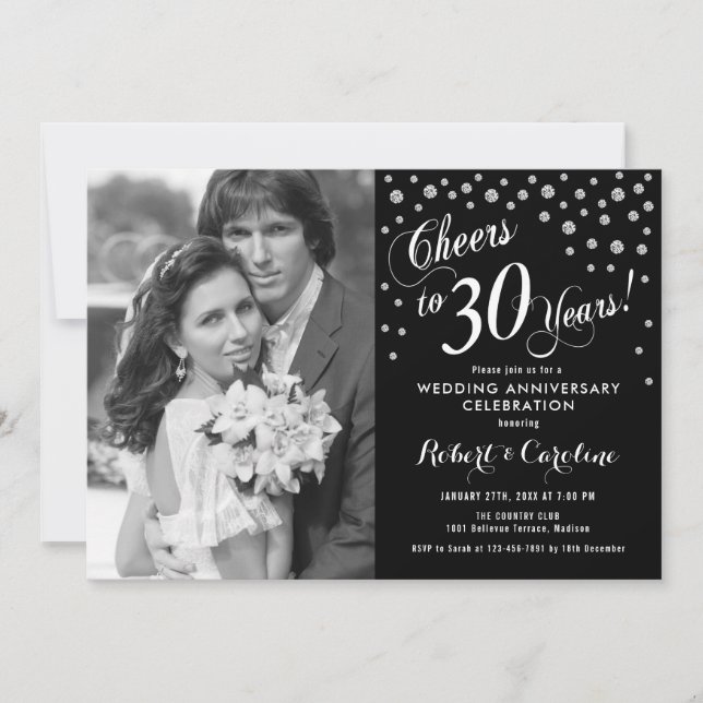 Invitation 30e anniversaire avec photo - Noir Blanc Argent (Devant)