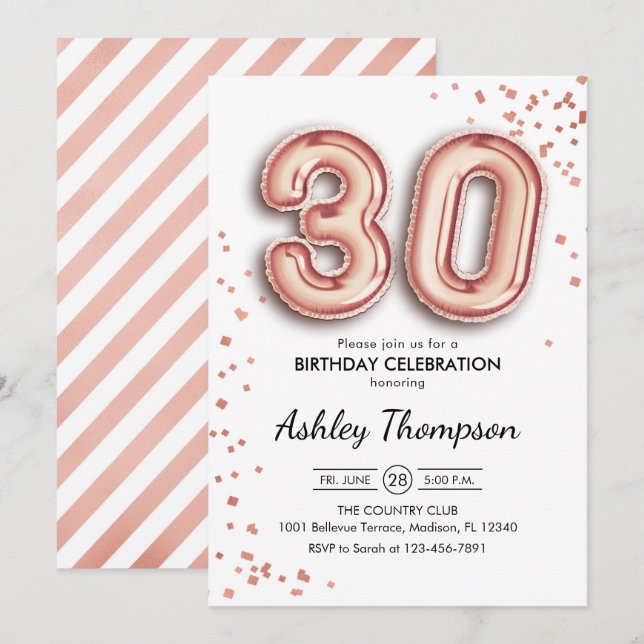 Invitation 30e anniversaire - Ballons d'or Rose (Devant / Derrière)