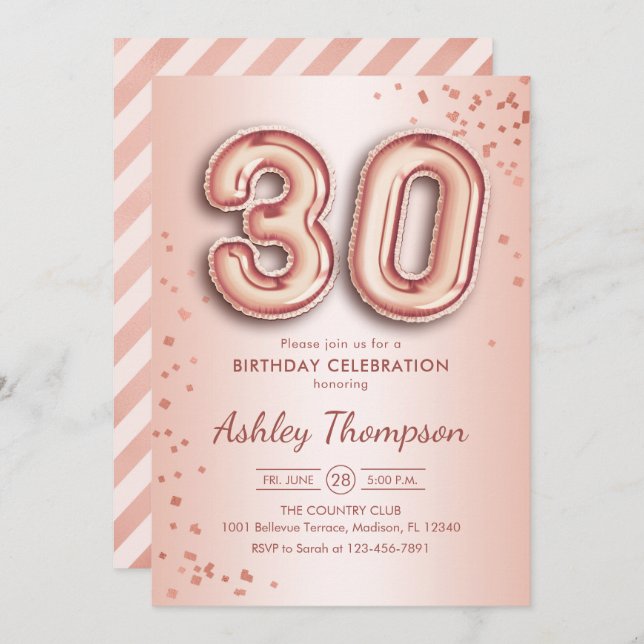Invitation 30e anniversaire - Ballons d'or Rose (Devant / Derrière)