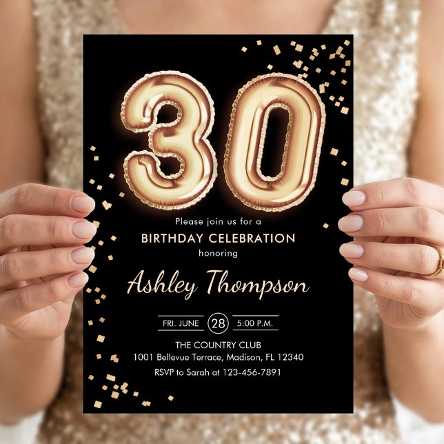 Invitation 30e Anniversaire - Ballons en Or Noir (Créateur téléchargé)