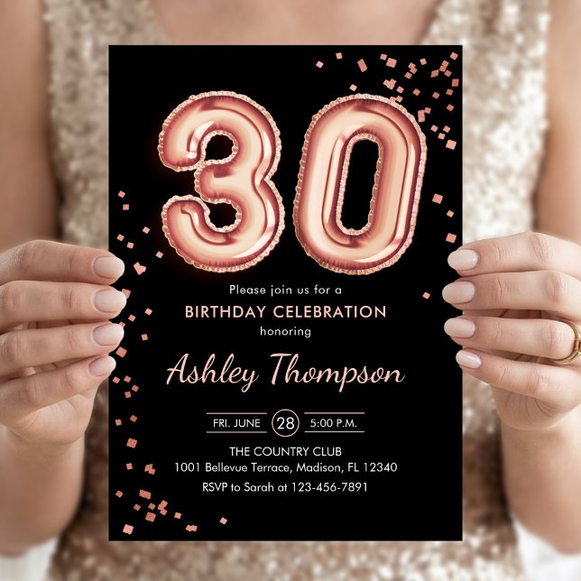 Invitation 30e Anniversaire - Ballons Rose Gold Noir (Créateur téléchargé)