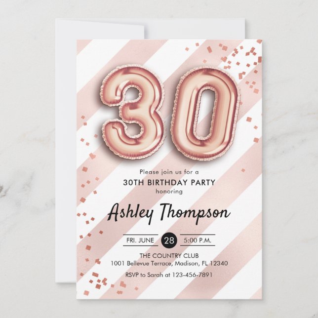 Invitation 30e anniversaire - Ballons Roses en or (Devant)