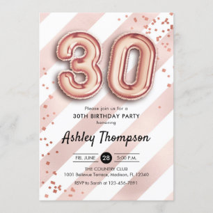Invitation 30e anniversaire - Ballons Roses en or