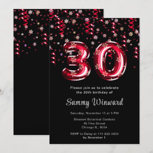 Invitation 30e anniversaire Ballons rouges Flocon de neige Co