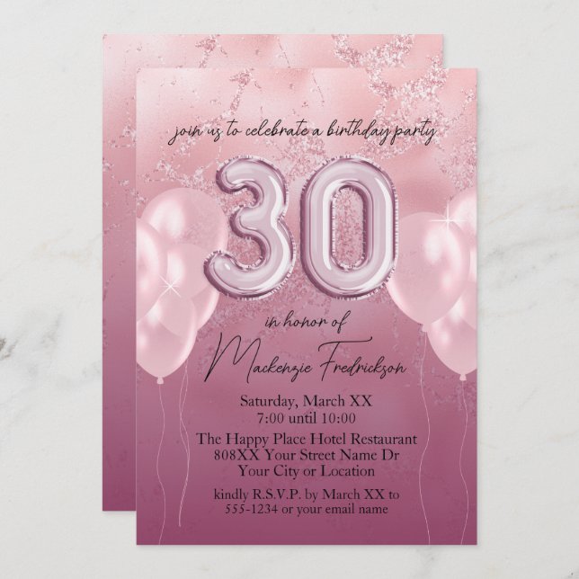 Invitation 30e anniversaire Ballons sur Parties scintillant r (Devant / Derrière)