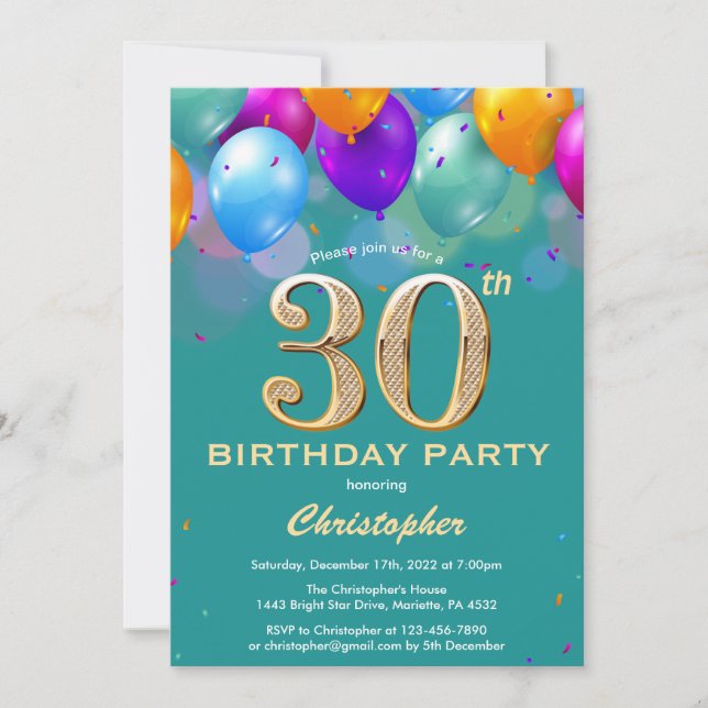 Invitation 30e anniversaire Ballons Turquoises et dorés (Devant)